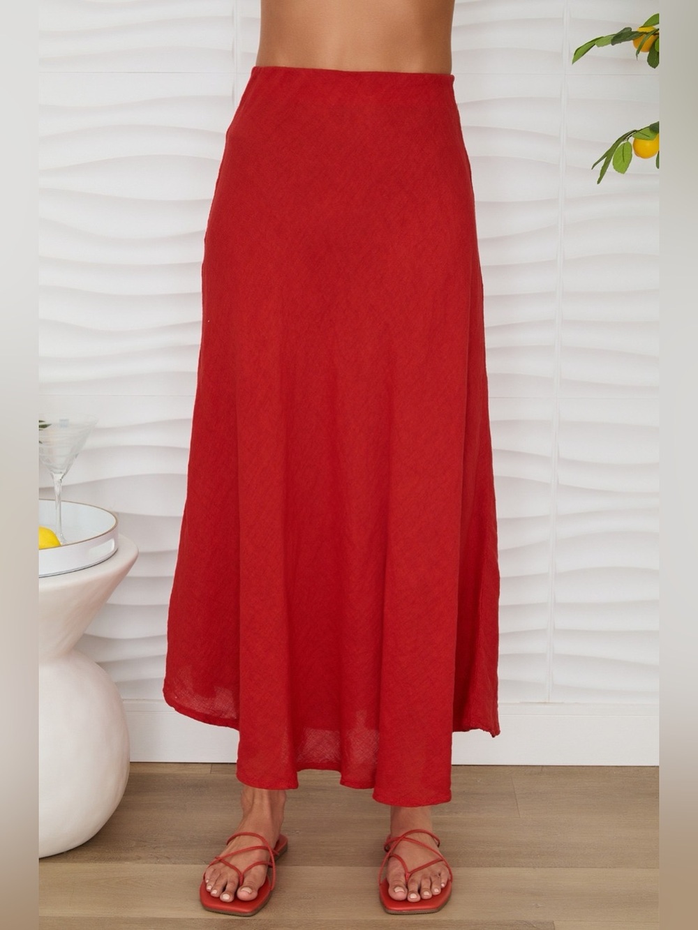 (113002-RED) SOLID LINEN MIDI SKIRT